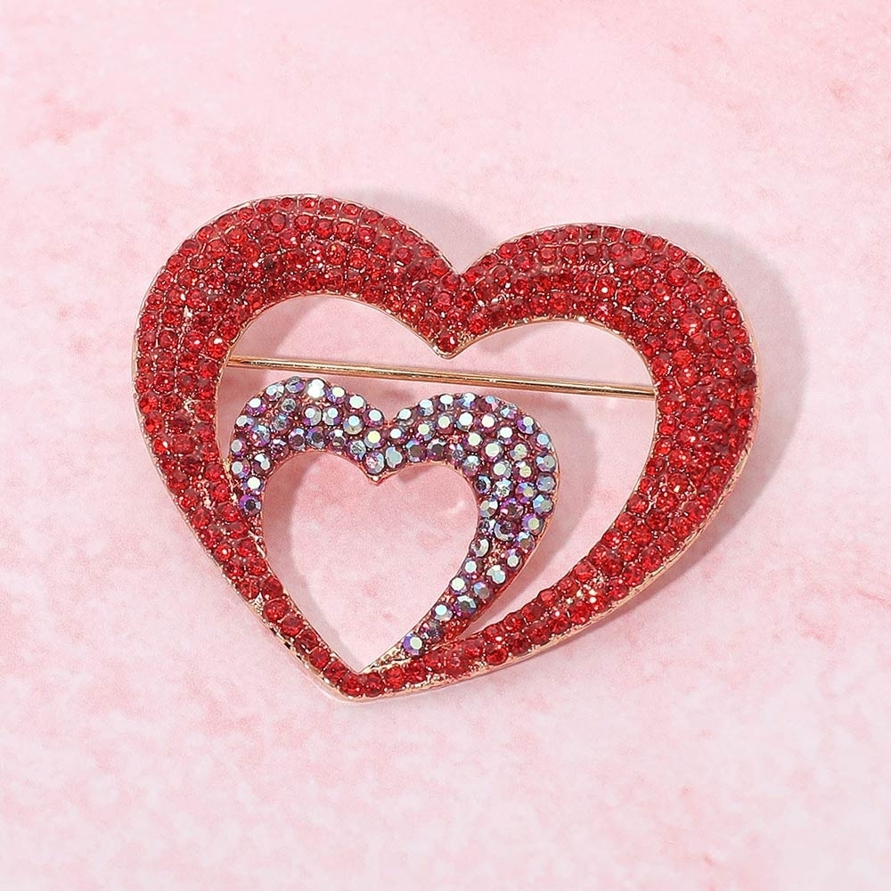 Gold Red Crystal Rhinestone Double Layer Heart Pin Brooch Statement Accessory